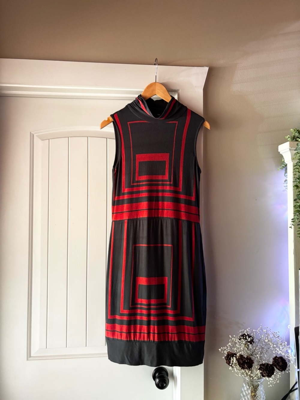 Sleeveless Black Midi Dress with Red Geometric Panels
